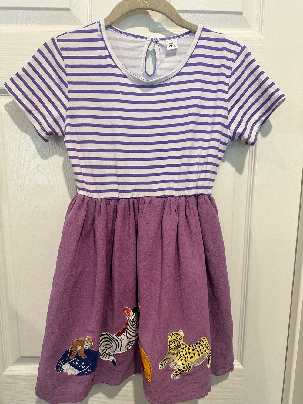 Girls' Purple Stripe & Embroidered Animal Skater Dress